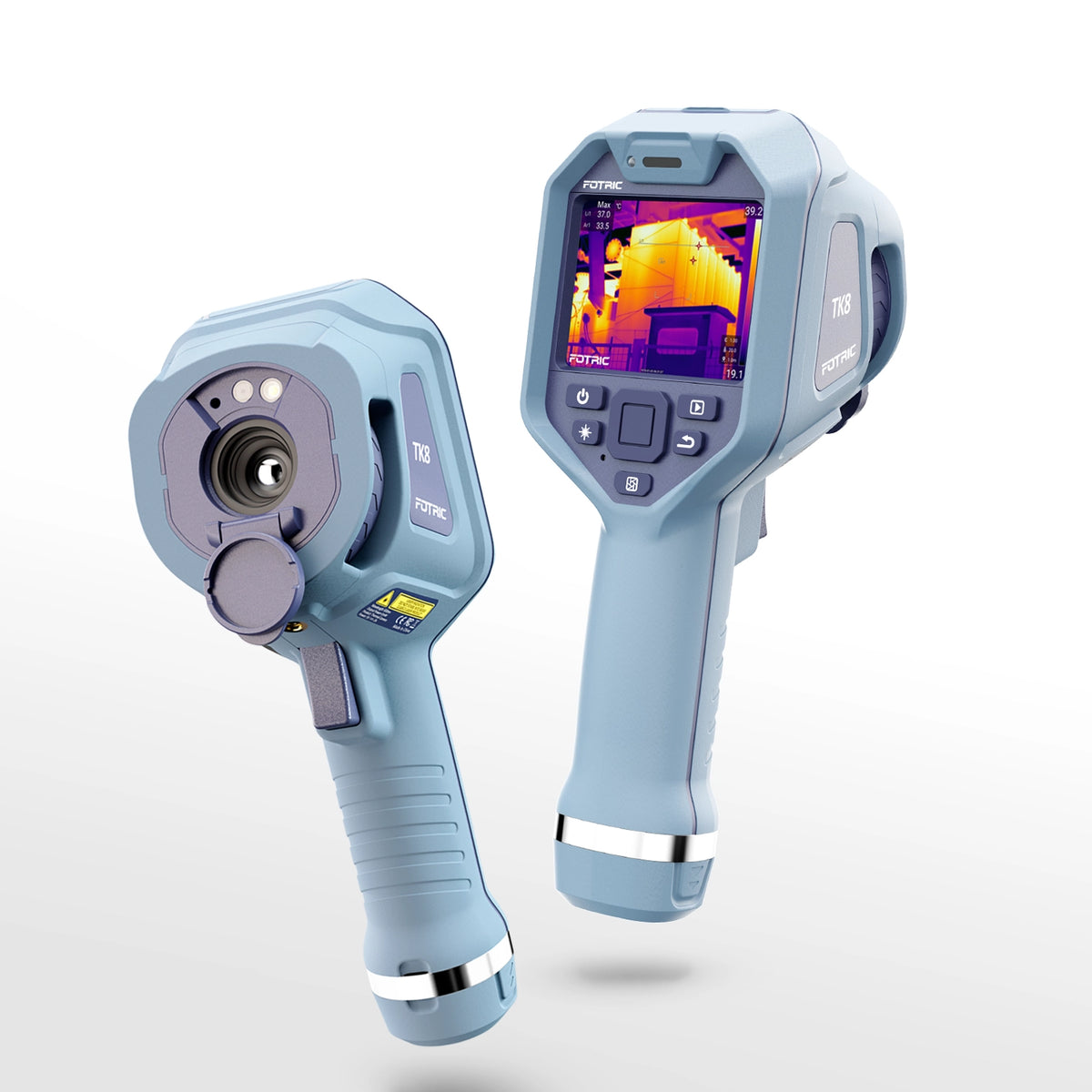 Fotric TK8 thermal imaging camera with handheld design, displaying a thermal image on its screen.